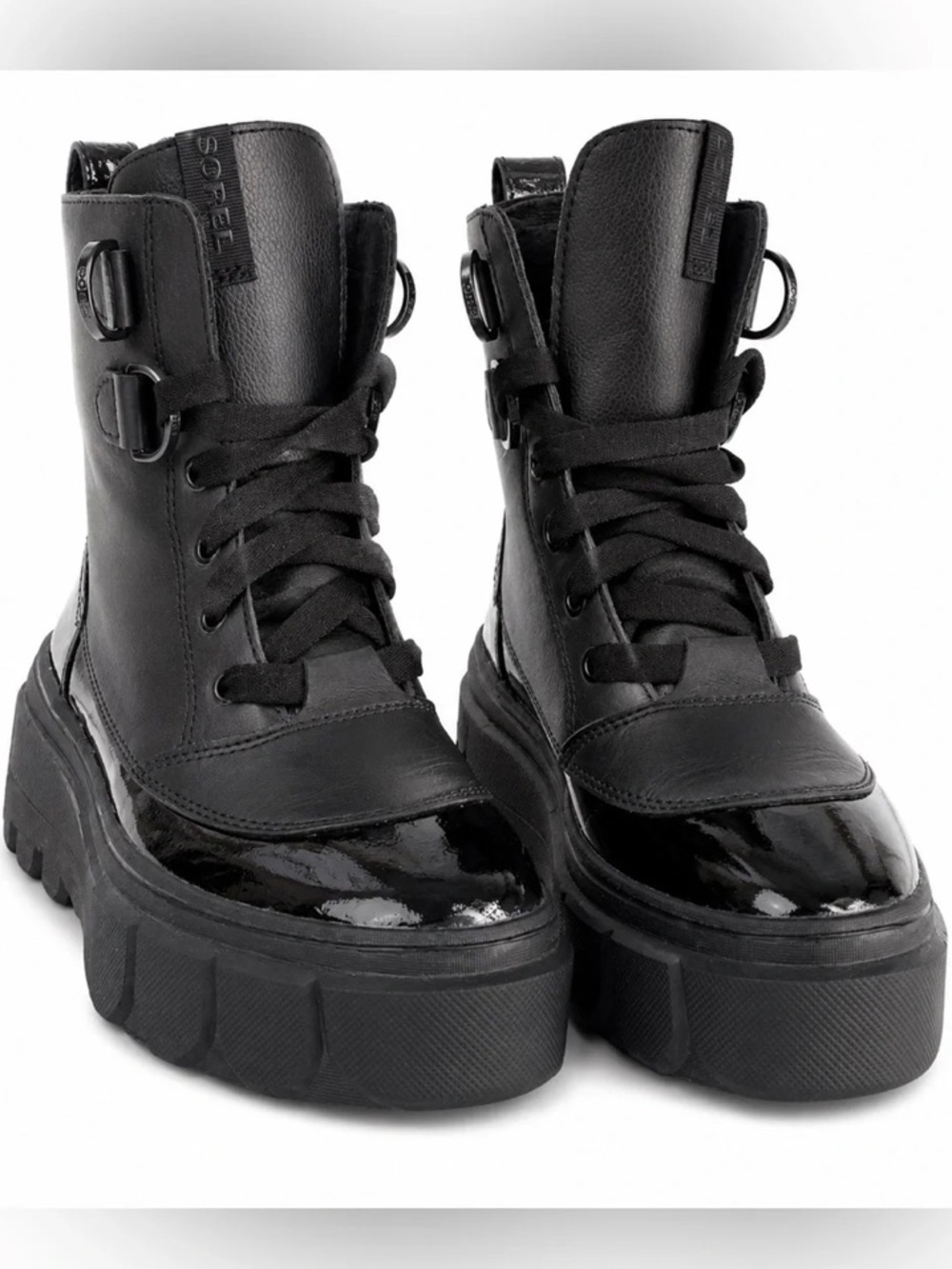 NWT NEW Sorel Caribou X Lace-Up Boots Patent Leather Combat Snow, Black Size 11